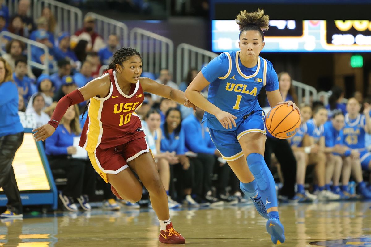 UCLA guard Kiki Rice (1) dribbles the basketball during an NCAA basketball game against USC on January 3, 2026 in Los Angeles, CA. UCLA guard Kiki Rice (1) dribbles the basketball during an NCAA basketball game against USC on January 3, 2026 in Los Angeles, CA.
