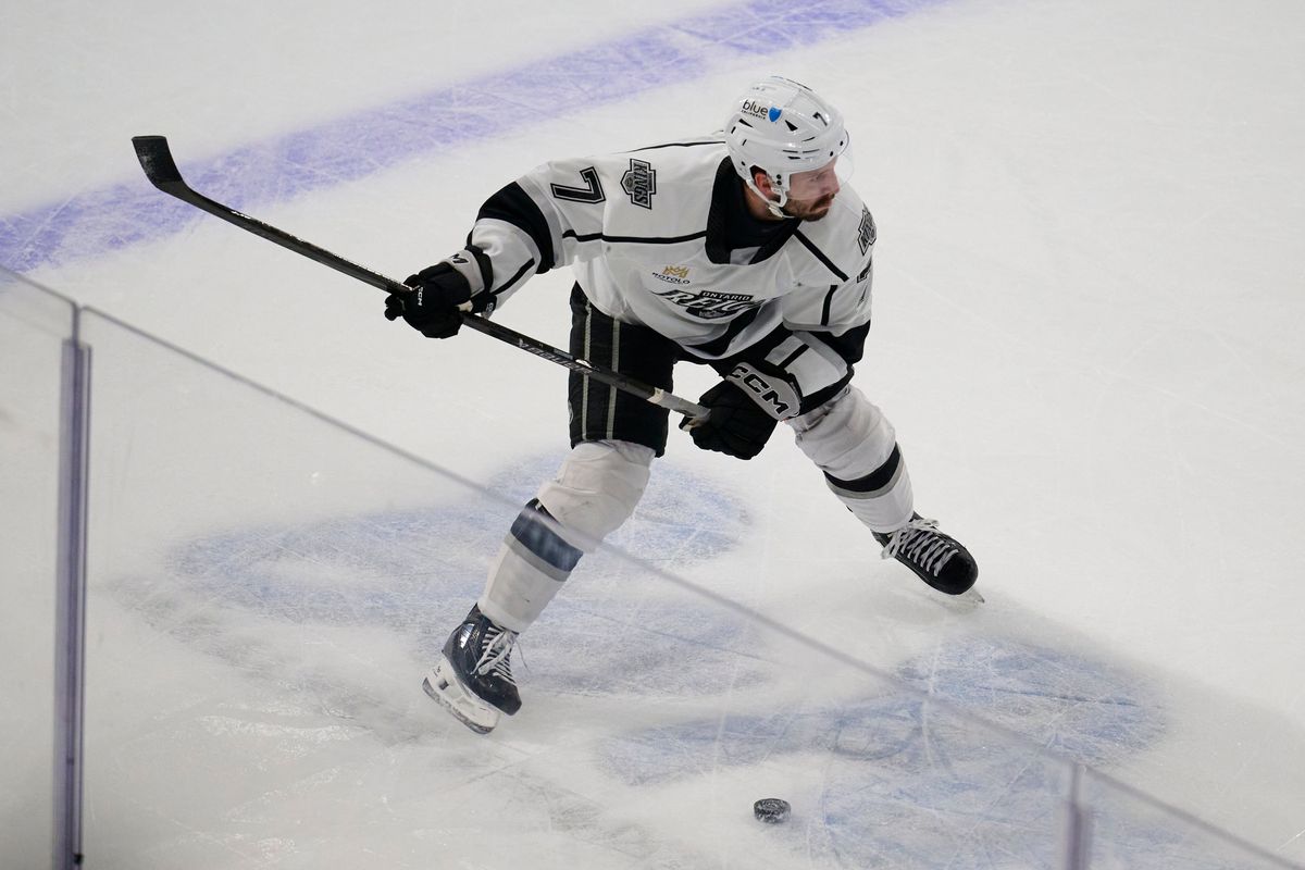 Ontario Reign defender Kyle Burroughs (7) passes during an AHL hockey game against the San Jose Barracudas, Tuesday November 4th, 2025 in Ontario Calif Ontario Reign defender Kyle Burroughs (7) passes during an AHL hockey game against the San Jose Barracudas, Tuesday November 4th, 2025 in Ontario Calif