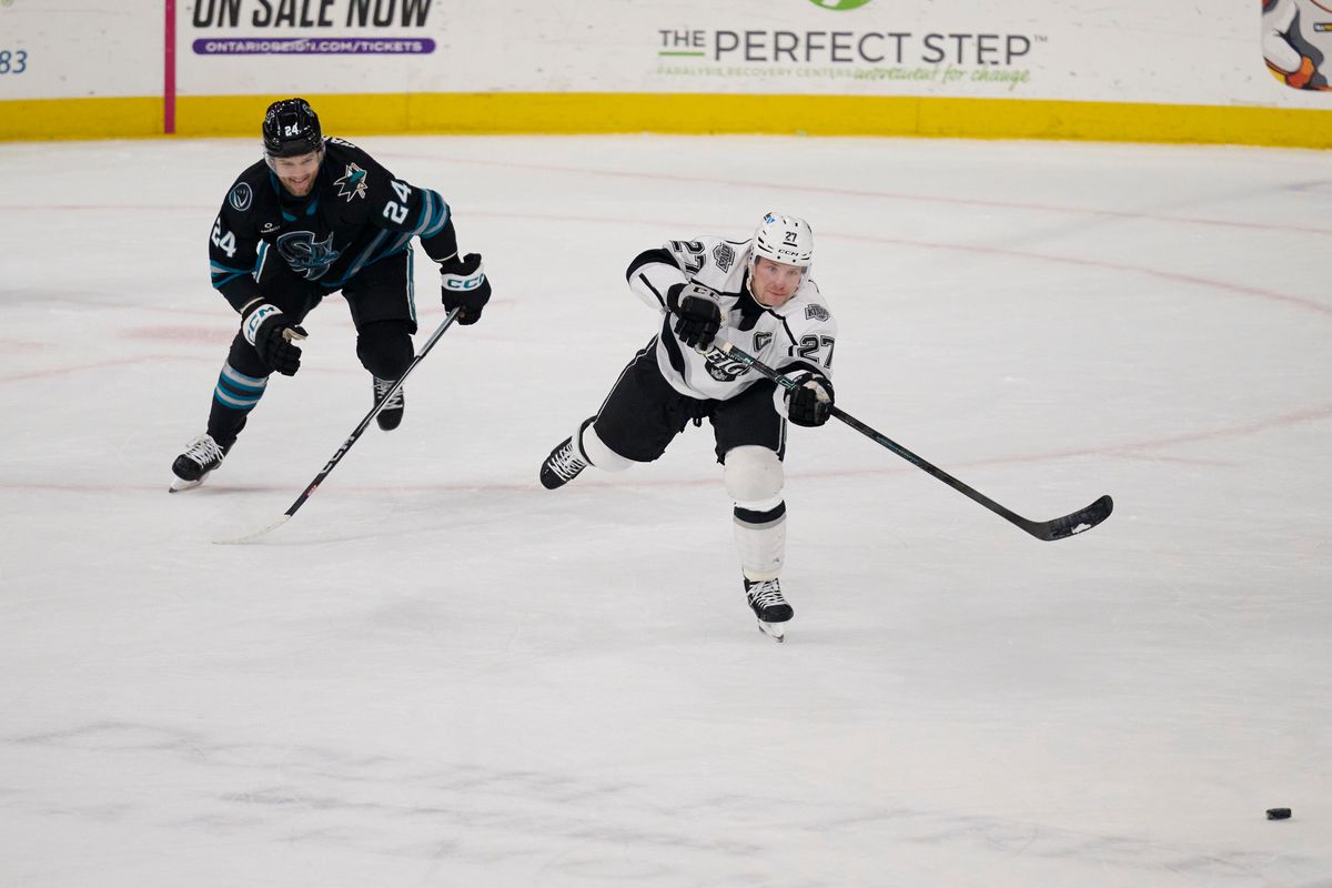 Ontario Reign defender Joe Hicketts (27) passes during an AHL hockey game against the San Jose Barracudas, Tuesday November 4th, 2025 in Ontario Calif Ontario Reign defender Joe Hicketts (27) passes during an AHL hockey game against the San Jose Barracudas, Tuesday November 4th, 2025 in Ontario Calif