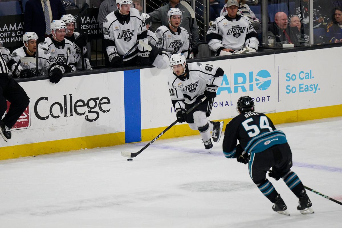 Ontario Reign forward Cole Guttman (81) gains possession during an AHL hockey game against the San Jose Barracudas, Tuesday November 4th, 2025 in Ontario Calif Ontario Reign forward Cole Guttman (81) gains possession during an AHL hockey game against the San Jose Barracudas, Tuesday November 4th, 2025 in Ontario Calif