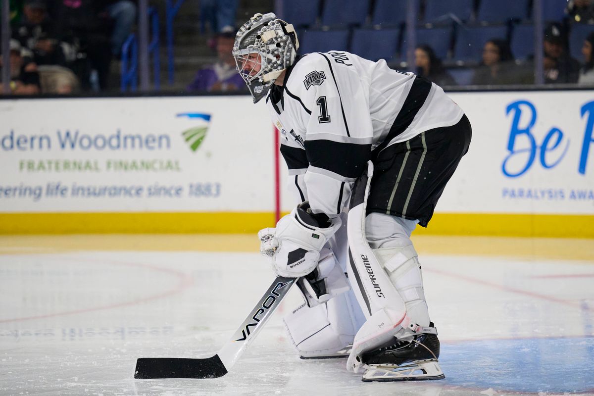 Ontario Reign goalie Erik Portillo (1) defends the net during an AHL hockey game against the San Jose Barracudas, Tuesday November 4th, 2025 in Ontario Calif Ontario Reign goalie Erik Portillo (1) defends the net during an AHL hockey game against the San Jose Barracudas, Tuesday November 4th, 2025 in Ontario Calif