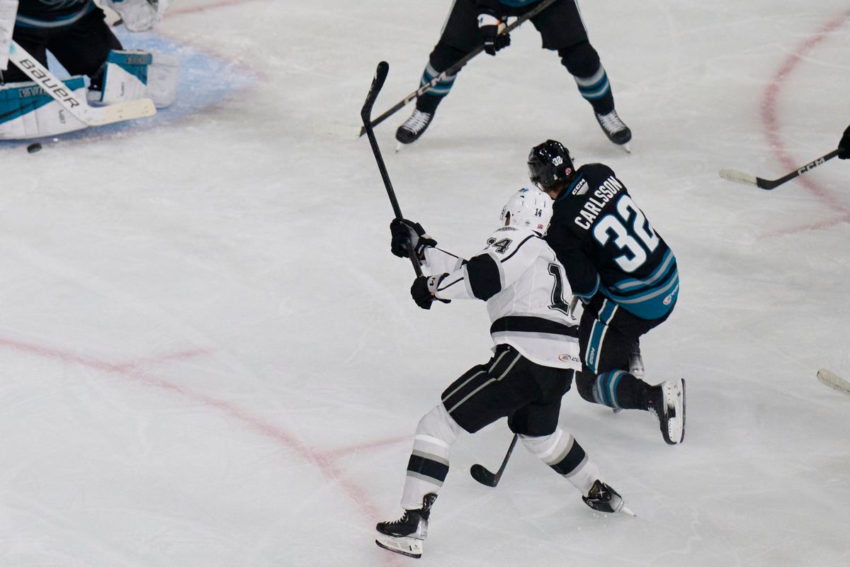 Ontario Reign forward Akil Thomas (14) scores a goal during an AHL hockey game against the San Jose Barracudas, Tuesday November 4th, 2025 in Ontario Calif Ontario Reign forward Akil Thomas (14) scores a goal during an AHL hockey game against the San Jose Barracudas, Tuesday November 4th, 2025 in Ontario Calif