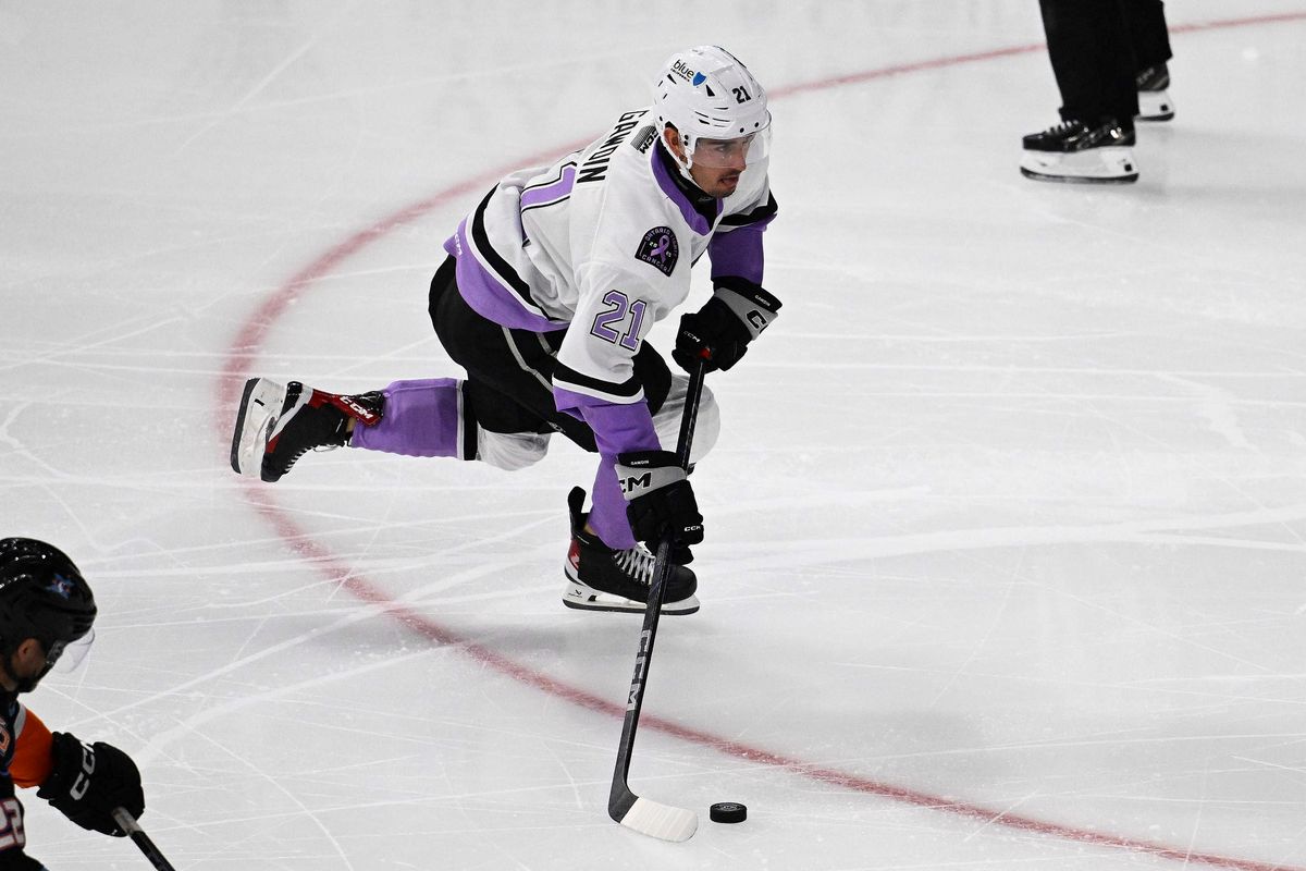 Ontario Reign Forward Glenn Gawdin (21) gains possession during an AHL hockey game against the San Diego Gulls, Saturday November 8th 2025 in Ontario, Calif. Ontario Reign Forward Glenn Gawdin (21) gains possession during an AHL hockey game against the San Diego Gulls, Saturday November 8th 2025 in Ontario, Calif.