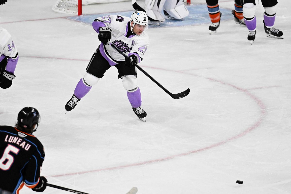 Ontario Reign defender Joe Hicketts (27) passes during an AHL hockey game against the San Diego Gulls, Saturday November 8th, 2025 in Ontario, Calif. Ontario Reign defender Joe Hicketts (27) passes during an AHL hockey game against the San Diego Gulls, Saturday November 8th, 2025 in Ontario, Calif.