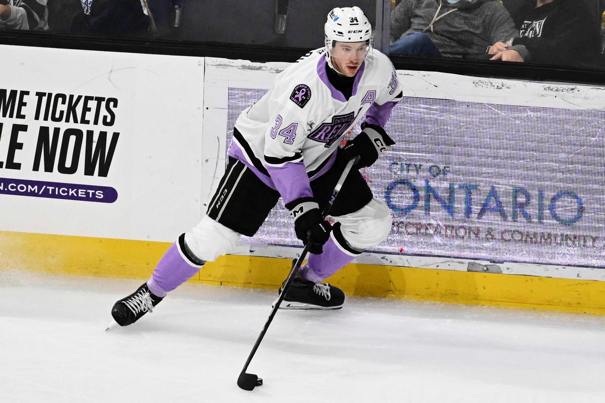 Ontario Reign forward Taylor Ward (34) gains possession during an AHL hockey game against the San Diego Gulls, Saturday November 8th, 2025 in Ontario, Calif. Ontario Reign forward Taylor Ward (34) gains possession during an AHL hockey game against the San Diego Gulls, Saturday November 8th, 2025 in Ontario, Calif.