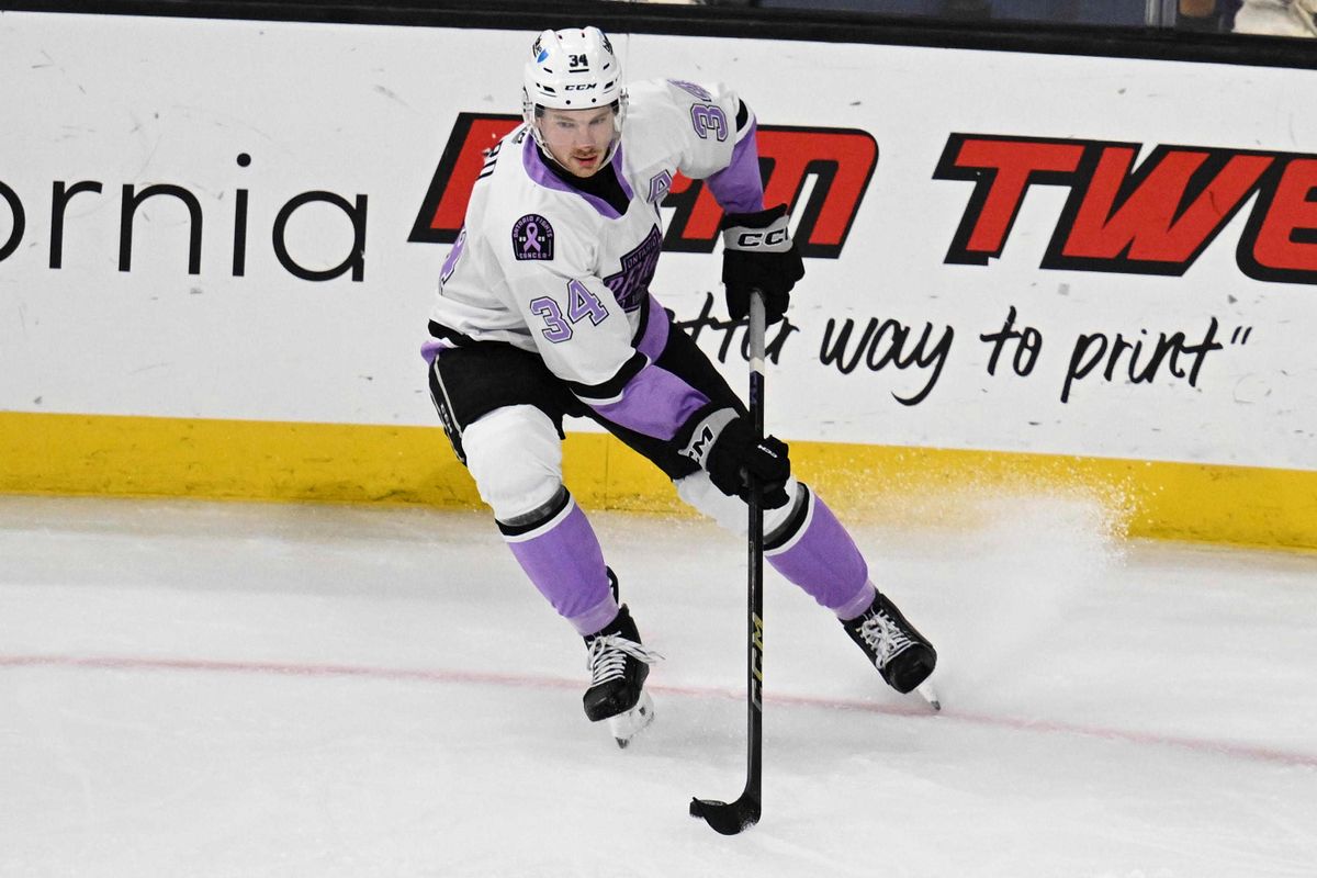 Ontario Reign forward Taylor Ward (34) gains possession during an AHL hockey game against the San Diego Gulls, Saturday November 8th, 2025 in Ontario, Calif. Ontario Reign forward Taylor Ward (34) gains possession during an AHL hockey game against the San Diego Gulls, Saturday November 8th, 2025 in Ontario, Calif.