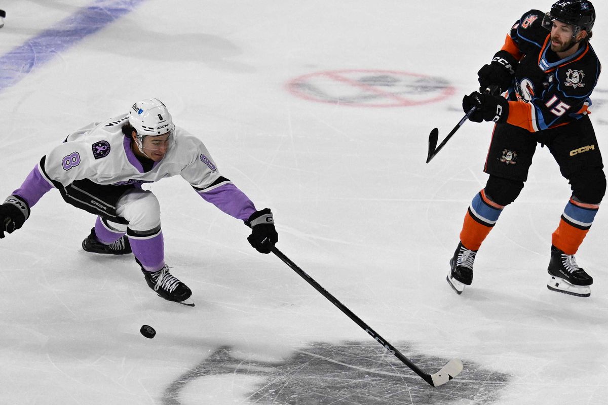 Ontario Reign forward Martin Chromiak (8) fights for possession during an AHL hockey game against the San Diego Gulls, Saturday November 8th, 2025 in Ontario, Calif. Ontario Reign forward Martin Chromiak (8) fights for possession during an AHL hockey game against the San Diego Gulls, Saturday November 8th, 2025 in Ontario, Calif.