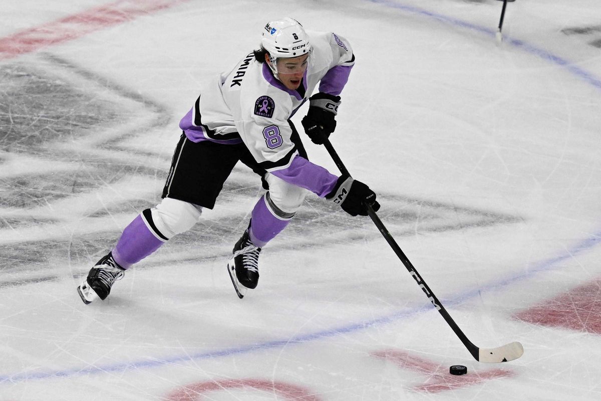 Ontario Reign forward Martin Chromiak (8) gains possession during an AHL hockey game against the San Diego Gulls, Saturday November 8th, 2025 in Ontario, Calif. Ontario Reign forward Martin Chromiak (8) gains possession during an AHL hockey game against the San Diego Gulls, Saturday November 8th, 2025 in Ontario, Calif.