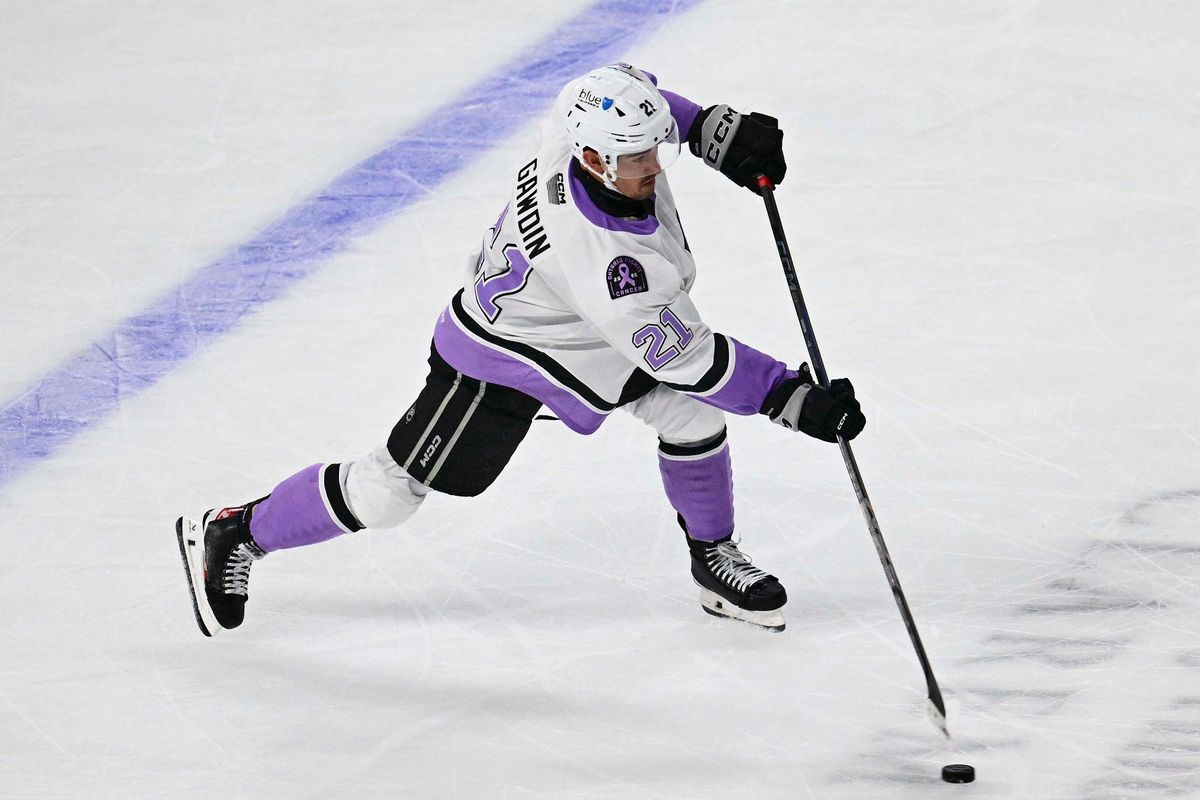 Ontario Reign forward Glenn Gawdin (21) passes during an AHL hockey game against the San Diego Gulls, Saturday November 8th, 2025 in Ontario, Calif. Ontario Reign forward Glenn Gawdin (21) passes during an AHL hockey game against the San Diego Gulls, Saturday November 8th, 2025 in Ontario, Calif.