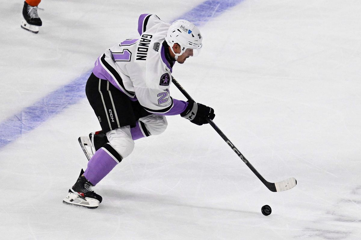 Ontario Reign forward Glenn Gawdin (21) has a break away during an AHL hockey game against the San Diego Gulls, Saturday November 8th, 2025 in Ontario, Calif. Ontario Reign forward Glenn Gawdin (21) has a break away during an AHL hockey game against the San Diego Gulls, Saturday November 8th, 2025 in Ontario, Calif.
