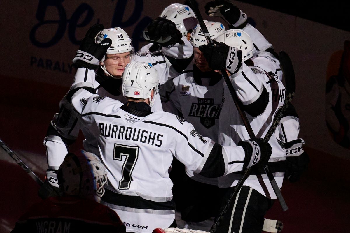 Ontario reign defender Kyle Burroughs (7) celebrates a goal during an AHL hockey game against the Bakersfield Condors, Friday November 21, 2025 in Ontario, Calif. Ontario reign defender Kyle Burroughs (7) celebrates a goal during an AHL hockey game against the Bakersfield Condors, Friday November 21, 2025 in Ontario, Calif.