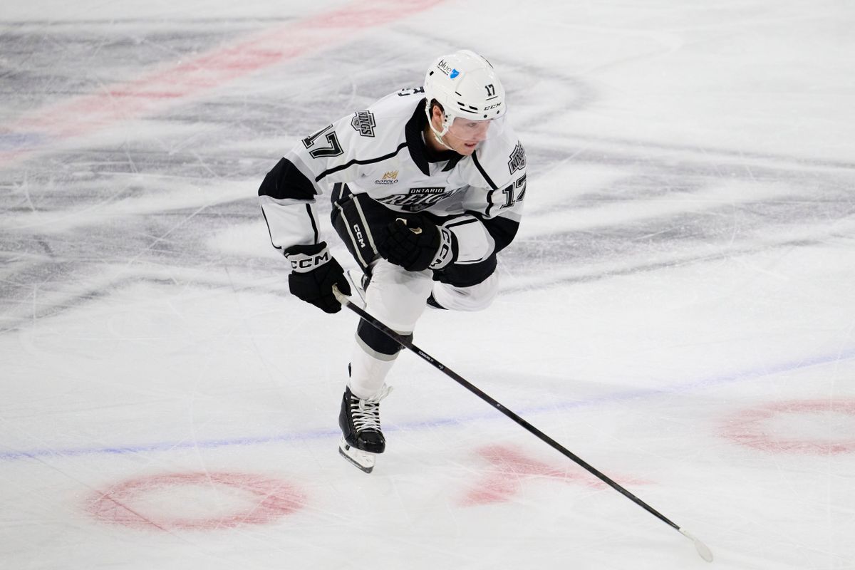 Ontario reign forward Kenny Connors (17) sprints for possession during an AHL hockey game against the Bakersfield Condors, Friday November 21, 2025 in Ontario, Calif. Ontario reign forward Kenny Connors (17) sprints for possession during an AHL hockey game against the Bakersfield Condors, Friday November 21, 2025 in Ontario, Calif.