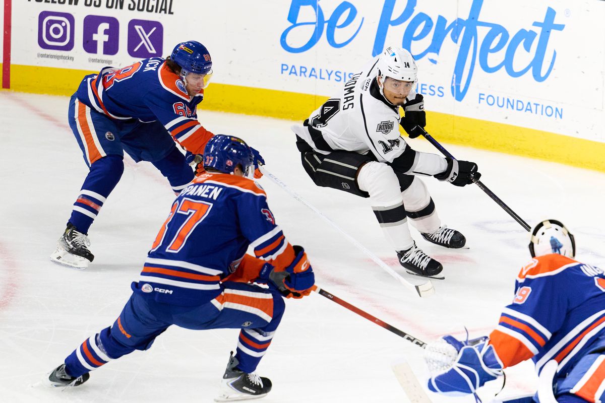 Ontario reign forward Akil Thomas (14) looks for a shot during an AHL hockey game against the Bakersfield Condors, Friday November 21, 2025 in Ontario, Calif. Ontario reign forward Akil Thomas (14) looks for a shot during an AHL hockey game against the Bakersfield Condors, Friday November 21, 2025 in Ontario, Calif.