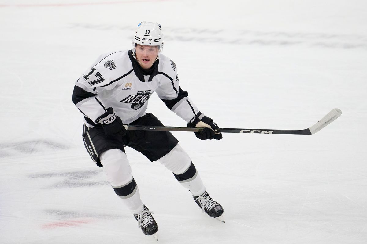 Ontario reign forward Kenny Connors (17) looks for possession during an AHL hockey game against the Bakersfield Condors, Friday November 21, 2025 in Ontario, Calif. Ontario reign forward Kenny Connors (17) looks for possession during an AHL hockey game against the Bakersfield Condors, Friday November 21, 2025 in Ontario, Calif.