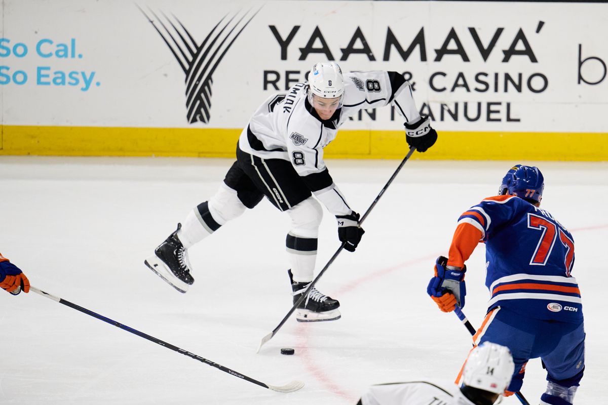 Ontario reign forward Martin Chromiak (8) shoots a goal attempt during an AHL hockey game against the Bakersfield Condors, Friday November 21, 2025 in Ontario, Calif. Ontario reign forward Martin Chromiak (8) shoots a goal attempt during an AHL hockey game against the Bakersfield Condors, Friday November 21, 2025 in Ontario, Calif.