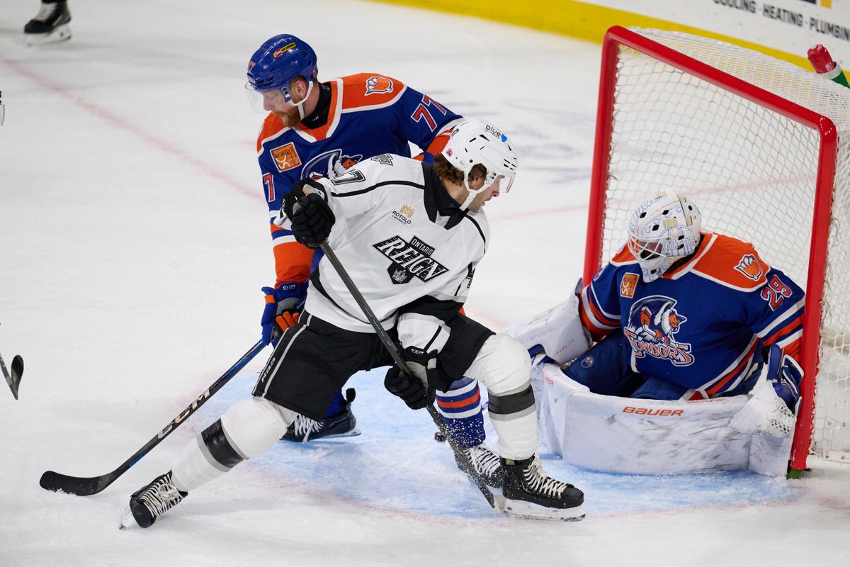 Ontario reign forward Kenny Connors (17) shoots through the legs for a goal attempt during an AHL hockey game against the Bakersfield Condors, Friday November 21, 2025 in Ontario, Calif. Ontario reign forward Kenny Connors (17) shoots through the legs for a goal attempt during an AHL hockey game against the Bakersfield Condors, Friday November 21, 2025 in Ontario, Calif.