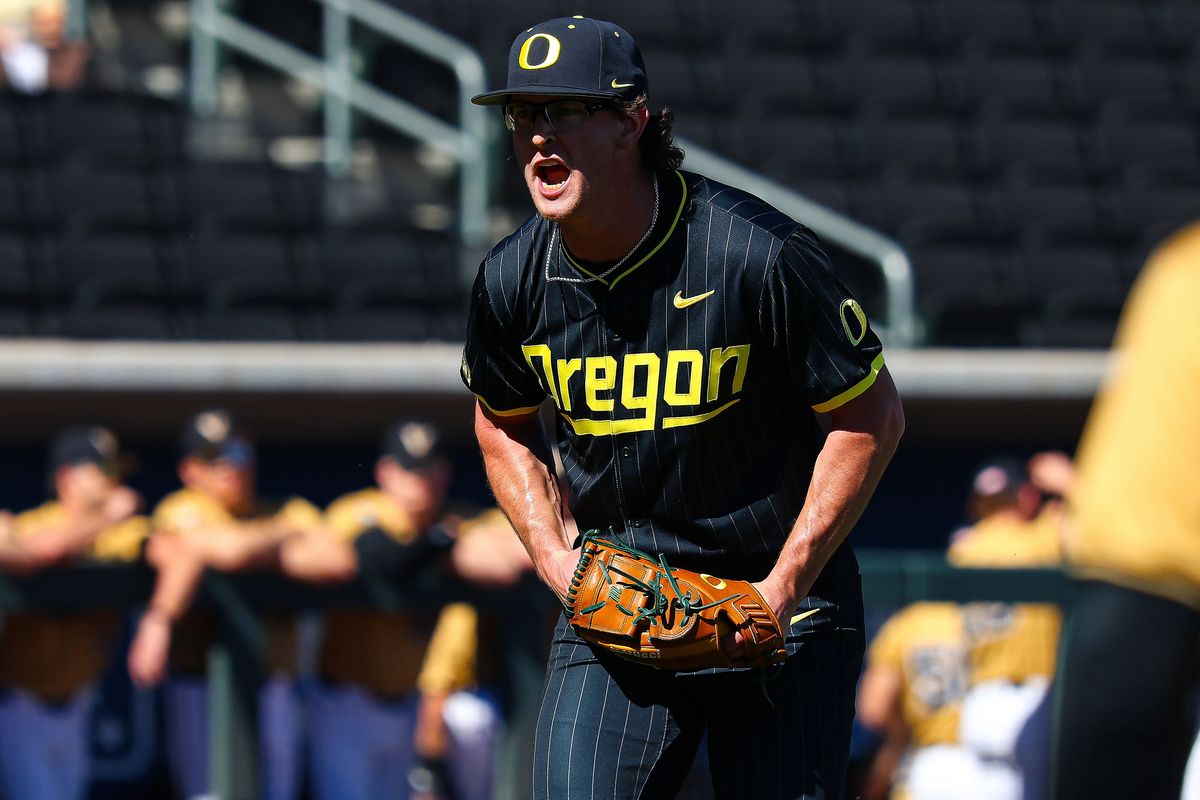 Potential MLB Draftee Oregon Ducks RHP Cal Scolari (37) reacts after striking out the side against the Vanderbilt Commodores at the 2026 Live Like Lou Las Vegas College Baseball Classic on Sunday, March 1, 2026 at Las Vegas Ballpark in Las Vegas, Nevada. Potential MLB Draftee Oregon Ducks RHP Cal Scolari (37) reacts after striking out the side against the Vanderbilt Commodores at the 2026 Live Like Lou Las Vegas College Baseball Classic on Sunday, March 1, 2026 at Las Vegas Ballpark in Las Vegas, Nevada.