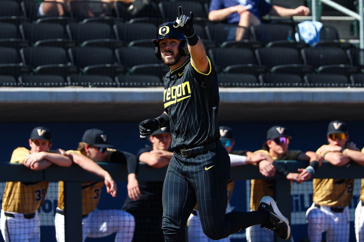 Oregon Ducks 1B Gabe Miranda (26) points towards his dugout after hitting a home run against the Vanderbilt Commodores at the 2026 Live Like Lou Las Vegas College Baseball Classic on Sunday, March 1, 2026 at Las Vegas Ballpark in Las Vegas, Nevada. Oregon Ducks 1B Gabe Miranda (26) points towards his dugout after hitting a home run against the Vanderbilt Commodores at the 2026 Live Like Lou Las Vegas College Baseball Classic on Sunday, March 1, 2026 at Las Vegas Ballpark in Las Vegas, Nevada.