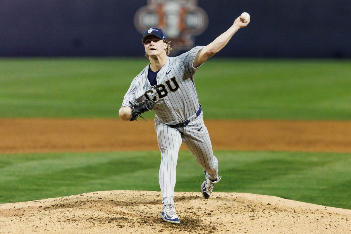 CBU Lancers pitcher Cody New (21) pitches during an NCAA Baseball game against the CSUF Titans on February 13, 2026 in Fullerton, California. CBU Lancers pitcher Cody New (21) pitches during an NCAA Baseball game against the CSUF Titans on February 13, 2026 in Fullerton, California.