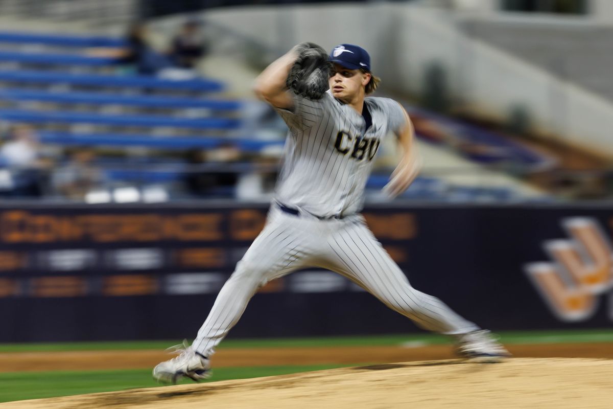 CBU Lancers pitcher Cody New (21) pitches during an NCAA Baseball game against the CSUF Titans on February 13, 2026 in Fullerton, California. CBU Lancers pitcher Cody New (21) pitches during an NCAA Baseball game against the CSUF Titans on February 13, 2026 in Fullerton, California.