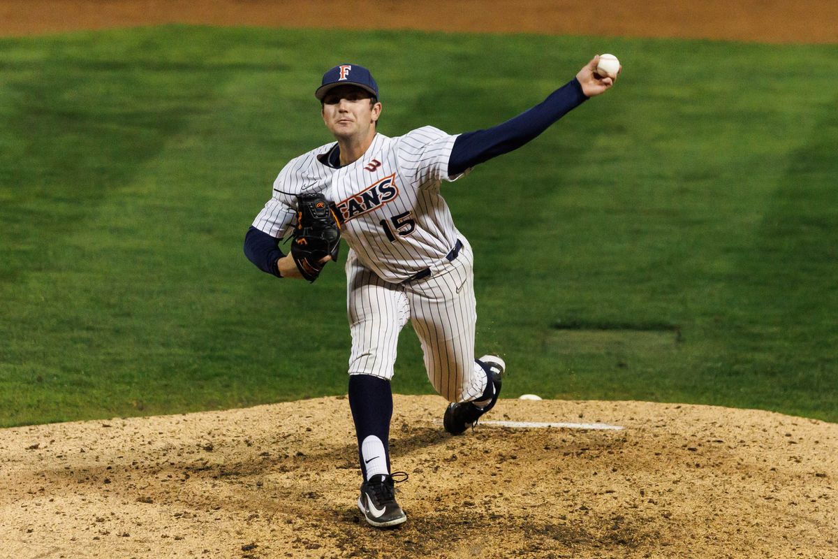 CSUF Titans pitcher Andrew Wright (15) pitches during an NCAA Baseball game against the CBU Lancers on February 13, 2026 in Fullerton, California. CSUF Titans pitcher Andrew Wright (15) pitches during an NCAA Baseball game against the CBU Lancers on February 13, 2026 in Fullerton, California.