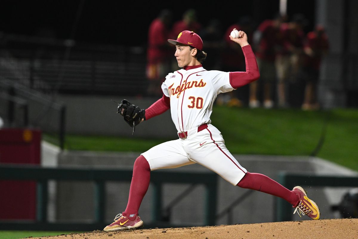 USC Trojan pitcher Mason Edwards (30) throws a pitch during an NCAA Men's baseball game between the USC Trojans and Pepperdine Wave Friday February 13,2026 at Dedeaux Field in Los Angeles Calif USC Trojan pitcher Mason Edwards (30) throws a pitch during an NCAA Men's baseball game between the USC Trojans and Pepperdine Wave Friday February 13,2026 at Dedeaux Field in Los Angeles Calif