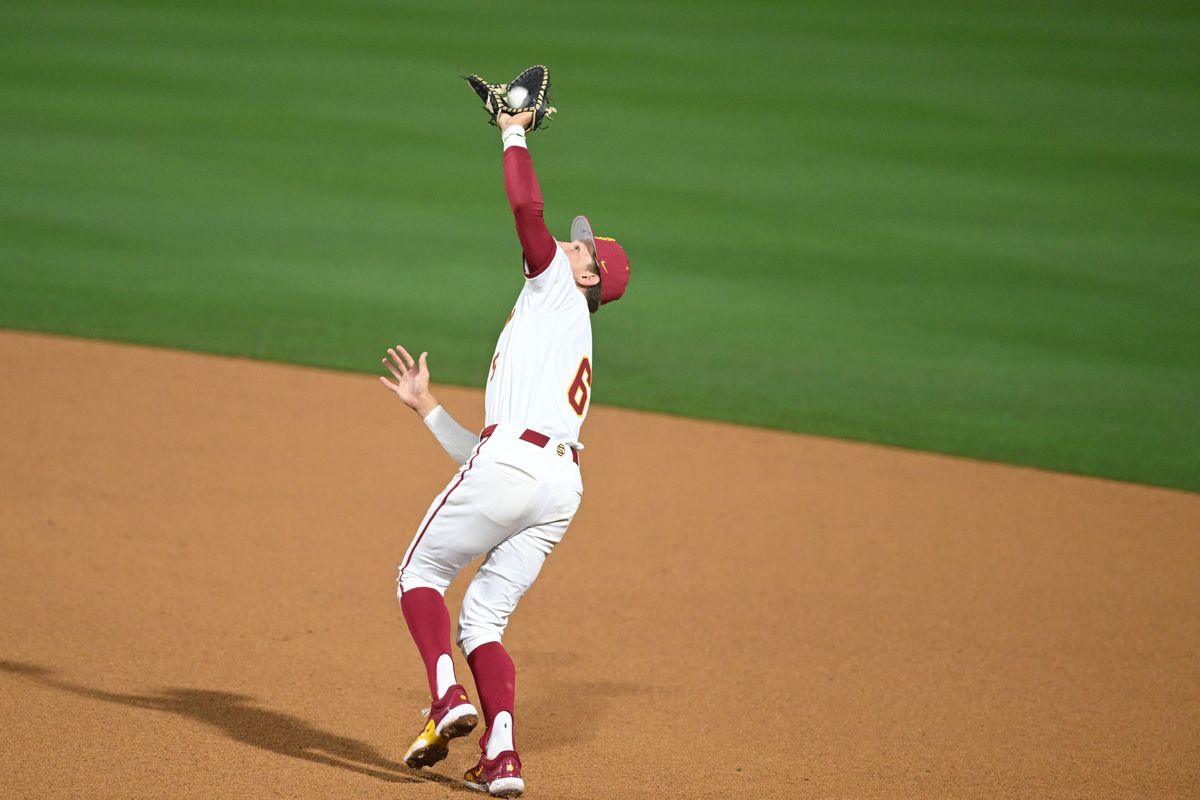 USC Trojan infielder Dean Carpentier (6) catches a flyball for an out during an NCAA Men's baseball game between the USC Trojans and Pepperdine Wave Friday February 13,2026 at Dedeaux Field in Los Angeles Calif USC Trojan infielder Dean Carpentier (6) catches a flyball for an out during an NCAA Men's baseball game between the USC Trojans and Pepperdine Wave Friday February 13,2026 at Dedeaux Field in Los Angeles Calif