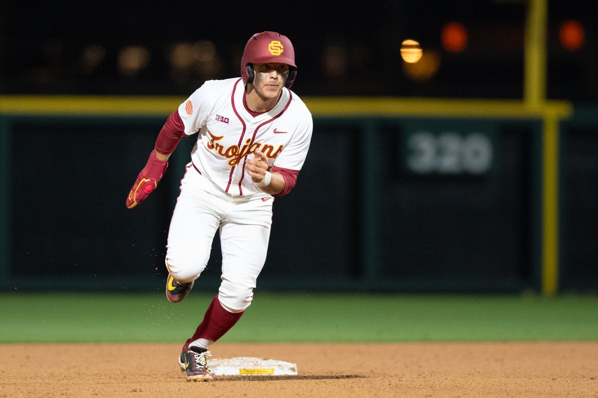 USC Trojan outfielder Kevin Takeuchi (8) sprints to third base during an NCAA Men's baseball game between the USC Trojans and Pepperdine Wave Friday February 13,2026 at Dedeaux Field in Los Angeles Calif USC Trojan outfielder Kevin Takeuchi (8) sprints to third base during an NCAA Men's baseball game between the USC Trojans and Pepperdine Wave Friday February 13,2026 at Dedeaux Field in Los Angeles Calif