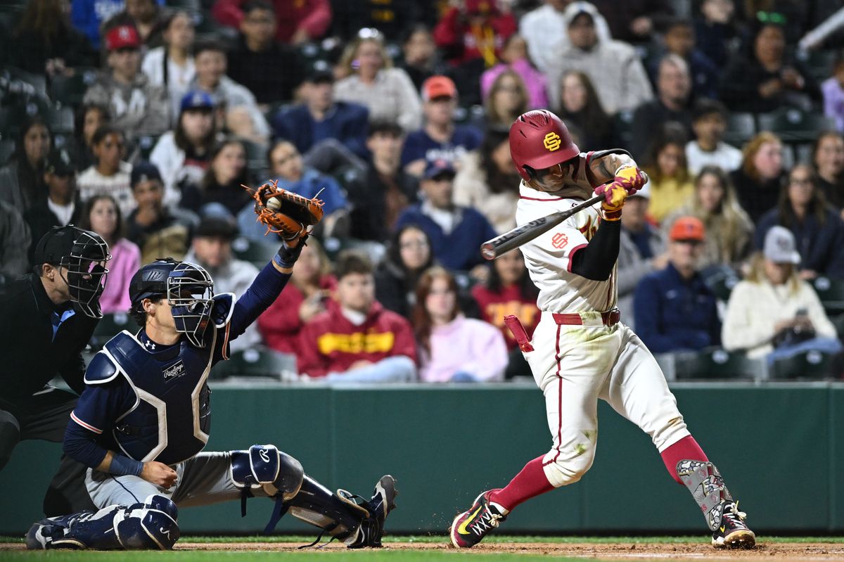 USC Trojan infielder Abbrie Covarrubias (7) swings and misses the ball during an NCAA Men's baseball game between the USC Trojans and Pepperdine Wave Friday February 13,2026 at Dedeaux Field in Los Angeles Calif USC Trojan infielder Abbrie Covarrubias (7) swings and misses the ball during an NCAA Men's baseball game between the USC Trojans and Pepperdine Wave Friday February 13,2026 at Dedeaux Field in Los Angeles Calif