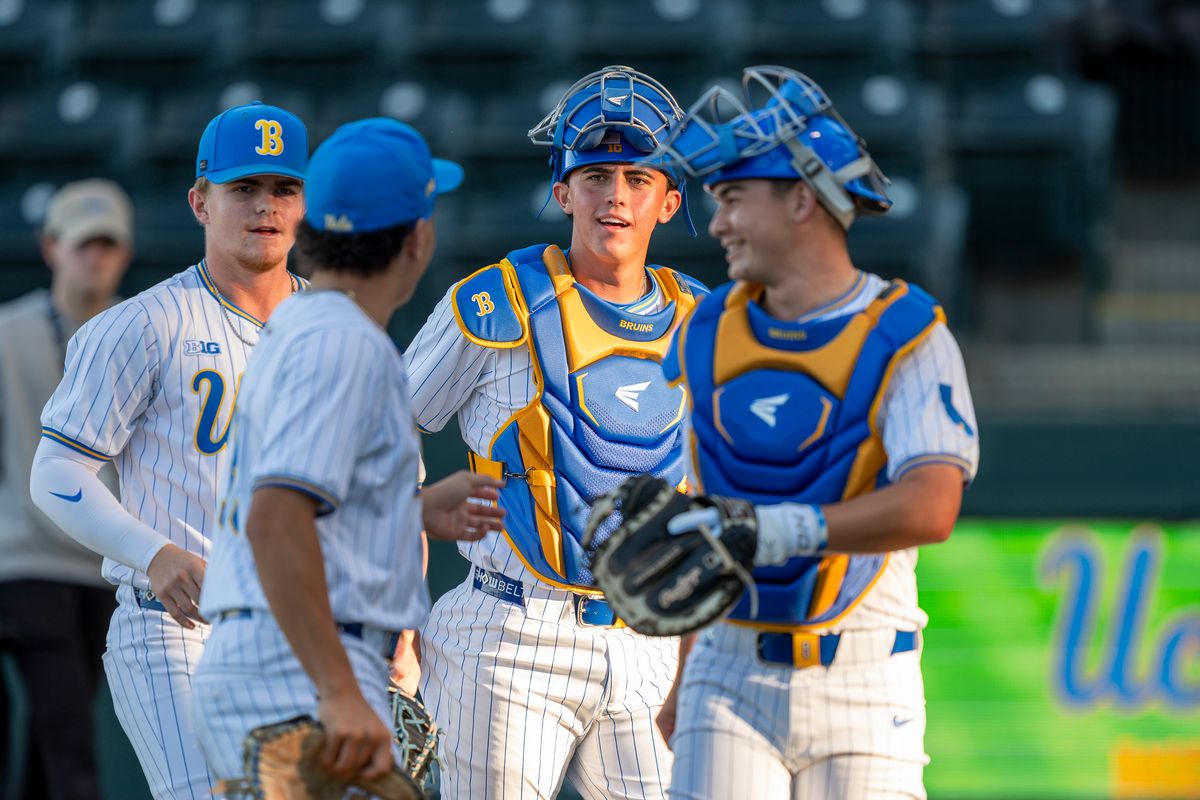 UCLA catcher, Cashel Dugger (40) warming up during a NCAA baseball game against UC San Diego on February 13, 2026 at Jackie Robinson Stadium in Los Angeles, CA. UCLA catcher, Cashel Dugger (40) warming up during a NCAA baseball game against UC San Diego on February 13, 2026 at Jackie Robinson Stadium in Los Angeles, CA.