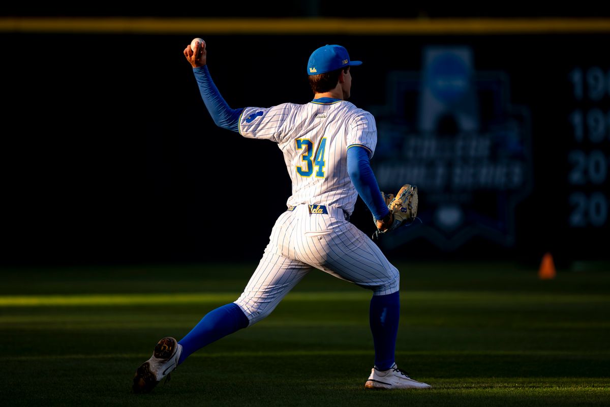 UCLA pitcher, Mack Edwards (34) warming up before a NCAA baseball game against UC San Diego on February 13, 2026 at Jackie Robinson Stadium in Los Angeles, CA. UCLA pitcher, Mack Edwards (34) warming up before a NCAA baseball game against UC San Diego on February 13, 2026 at Jackie Robinson Stadium in Los Angeles, CA.