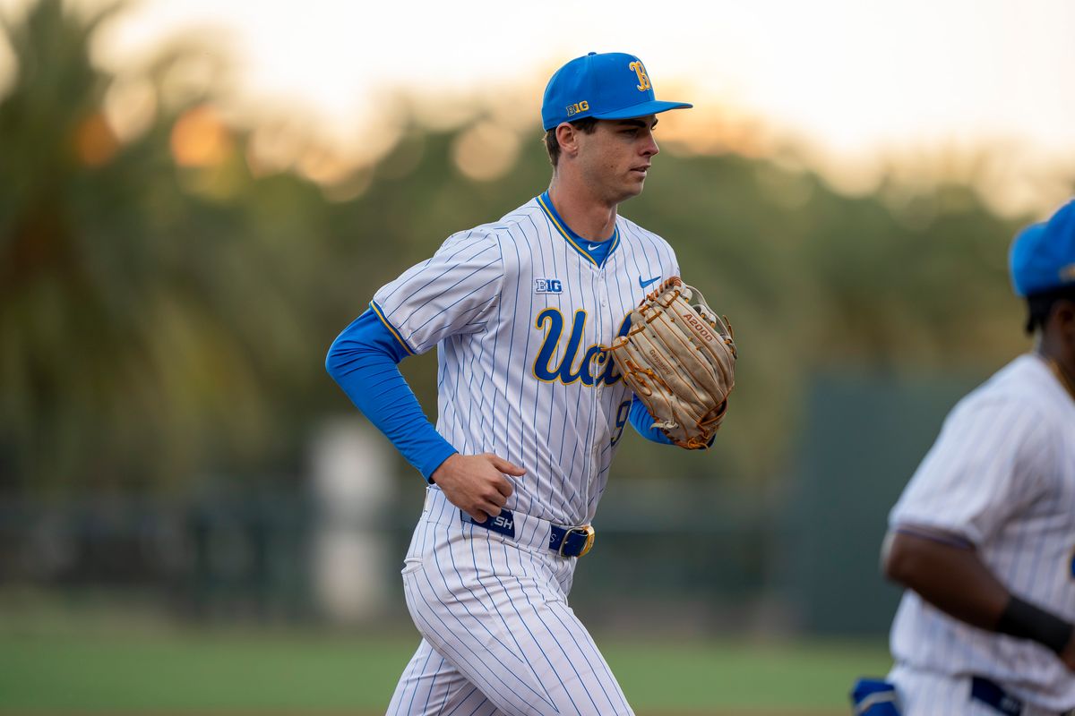 UCLA outfielder, Will Gasparino (9) returning to the dugout between innings during a NCAA baseball game against UC San Diego on February 13, 2026 at Jackie Robinson Stadium in Los Angeles, CA. UCLA outfielder, Will Gasparino (9) returning to the dugout between innings during a NCAA baseball game against UC San Diego on February 13, 2026 at Jackie Robinson Stadium in Los Angeles, CA.