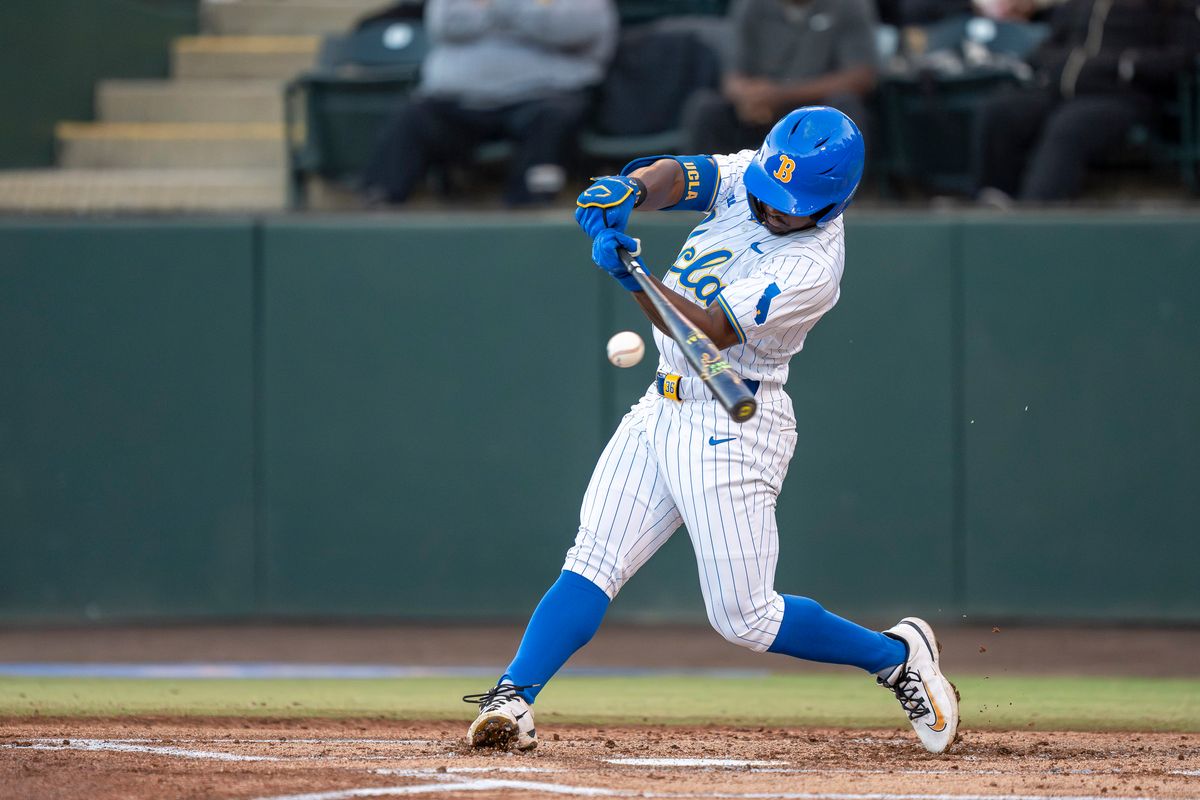 UCLA outfielder, Dean West (36) at bat, hitting a ball during a NCAA baseball game against UC San Diego on February 13, 2026 at Jackie Robinson Stadium in Los Angeles, CA. UCLA outfielder, Dean West (36) at bat, hitting a ball during a NCAA baseball game against UC San Diego on February 13, 2026 at Jackie Robinson Stadium in Los Angeles, CA.