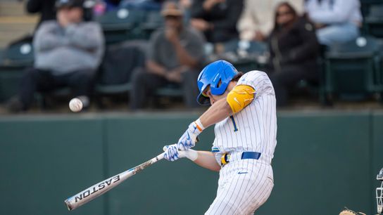 UCLA infielder, Roch Cholowsky (1) at bat, mid hit during a NCAA baseball game against UC San Diego on February 13, 2026 at Jackie Robinson Stadium in Los Angeles, CA. UCLA infielder, Roch Cholowsky (1) at bat, mid hit during a NCAA baseball game against UC San Diego on February 13, 2026 at Jackie Robinson Stadium in Los Angeles, CA.