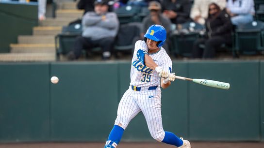 UCLA Mulivai Levu (39) at bat, mid hit during a NCAA baseball game against UC San Diego on February 13, 2026 at Jackie Robinson Stadium in Los Angeles, CA. UCLA Mulivai Levu (39) at bat, mid hit during a NCAA baseball game against UC San Diego on February 13, 2026 at Jackie Robinson Stadium in Los Angeles, CA.