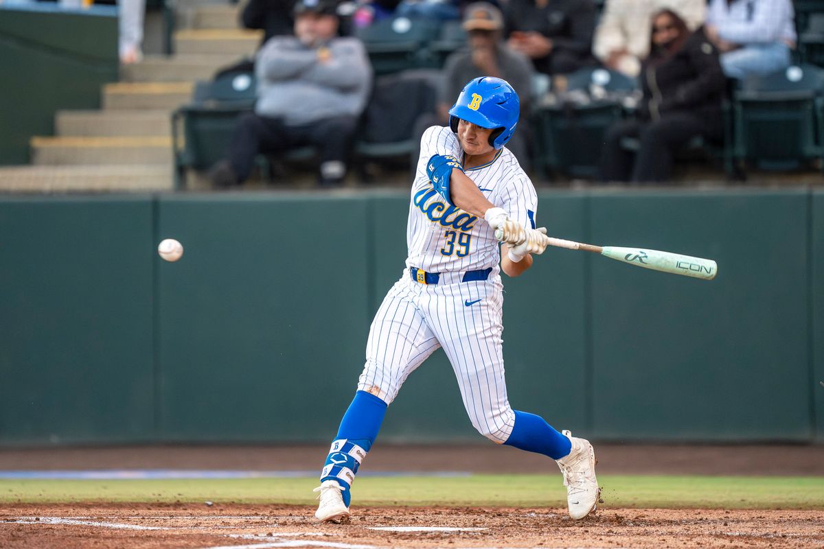 UCLA Mulivai Levu (39) at bat, mid hit during a NCAA baseball game against UC San Diego on February 13, 2026 at Jackie Robinson Stadium in Los Angeles, CA. UCLA Mulivai Levu (39) at bat, mid hit during a NCAA baseball game against UC San Diego on February 13, 2026 at Jackie Robinson Stadium in Los Angeles, CA.