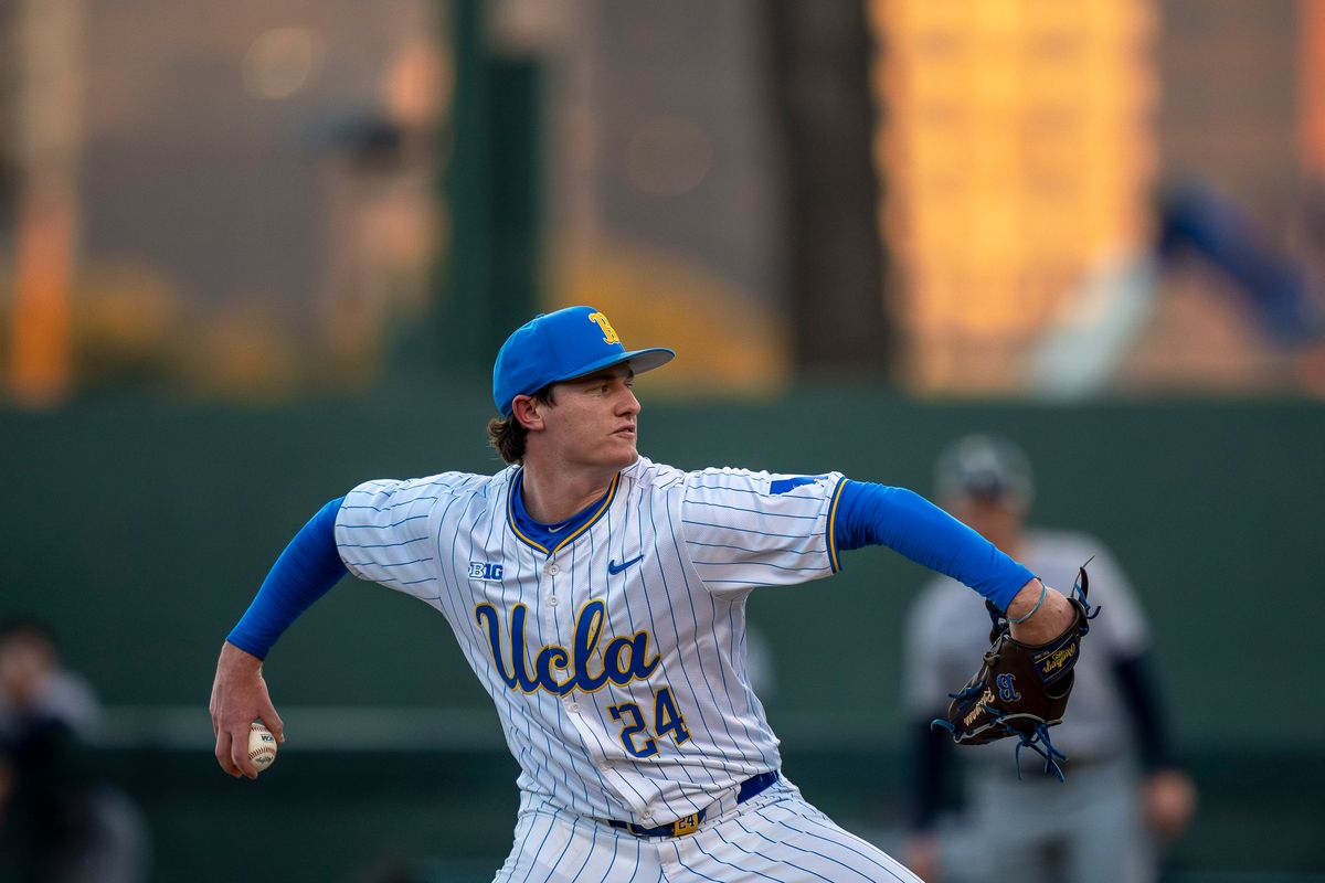 UCLA pitcher, Logan Reddemann (24) pitching during a NCAA baseball game against UC San Diego on February 13, 2026 at Jackie Robinson Stadium in Los Angeles, CA. UCLA pitcher, Logan Reddemann (24) pitching during a NCAA baseball game against UC San Diego on February 13, 2026 at Jackie Robinson Stadium in Los Angeles, CA.