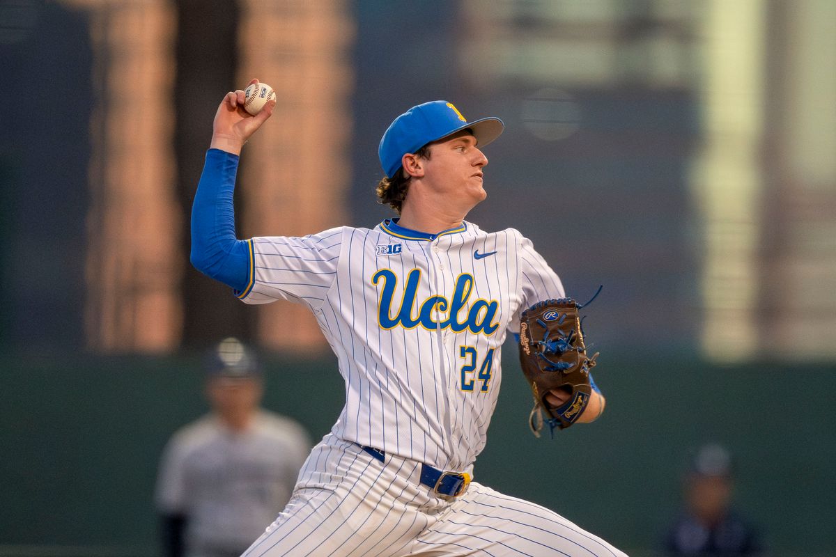 UCLA pitcher, Logan Reddemann (24) pitching during a NCAA baseball game against UC San Diego on February 13, 2026 at Jackie Robinson Stadium in Los Angeles, CA. UCLA pitcher, Logan Reddemann (24) pitching during a NCAA baseball game against UC San Diego on February 13, 2026 at Jackie Robinson Stadium in Los Angeles, CA.