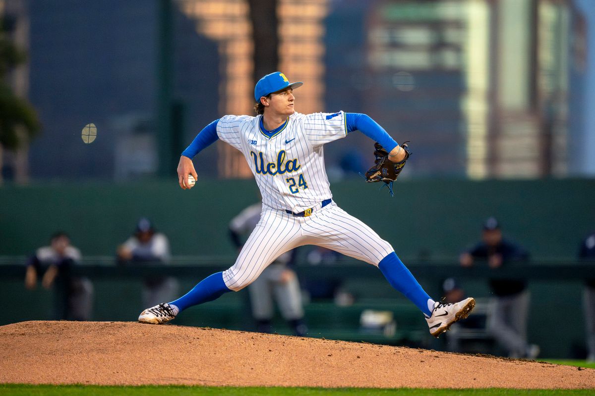 UCLA pitcher, Logan Reddeman (24) pitching during a NCAA baseball game against UC San Diego on February 13, 2026 at Jackie Robinson Stadium in Los Angeles, CA. UCLA pitcher, Logan Reddeman (24) pitching during a NCAA baseball game against UC San Diego on February 13, 2026 at Jackie Robinson Stadium in Los Angeles, CA.