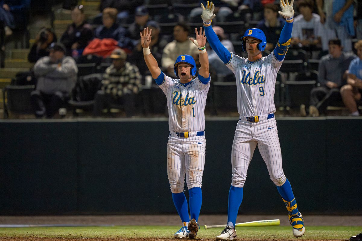 UCLA infielder and outfielder, Roch Cholowsky (1) and Will Gasparino (9), respectively, celebrating a double during a NCAA baseball game against UC San Diego on February 13, 2026 at Jackie Robinson Stadium in Los Angeles, CA. UCLA infielder and outfielder, Roch Cholowsky (1) and Will Gasparino (9), respectively, celebrating a double during a NCAA baseball game against UC San Diego on February 13, 2026 at Jackie Robinson Stadium in Los Angeles, CA.