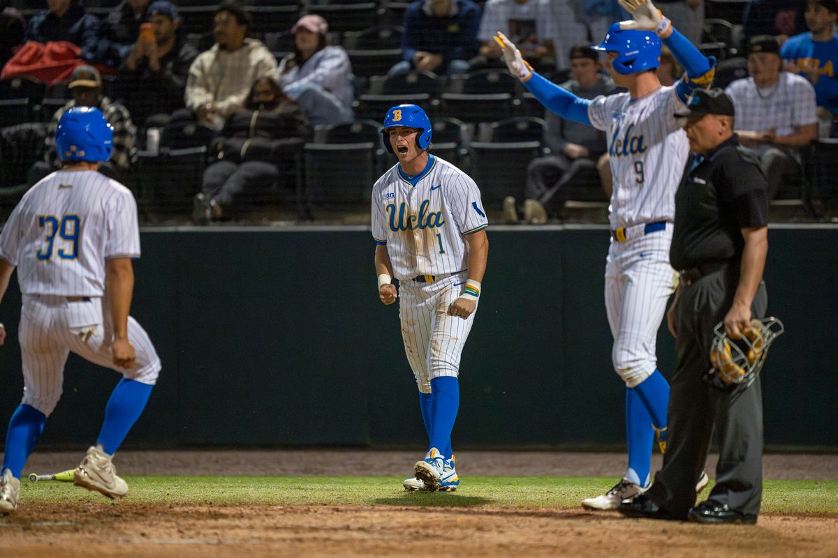 UCLA infielder and outfielder, Roch Cholowsky (1) and Will Gasparino (9), respectively, celebrating a double during a NCAA baseball game against UC San Diego on February 13, 2026 at Jackie Robinson Stadium in Los Angeles, CA. UCLA infielder and outfielder, Roch Cholowsky (1) and Will Gasparino (9), respectively, celebrating a double during a NCAA baseball game against UC San Diego on February 13, 2026 at Jackie Robinson Stadium in Los Angeles, CA.