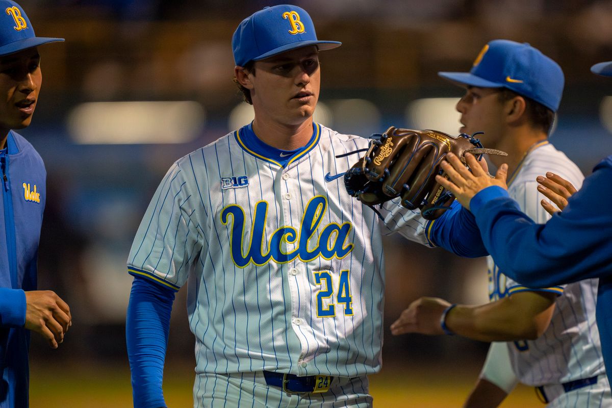 UCLA pitcher, Logan Reddemann (24) being relieved during a NCAA baseball game against UC San Diego on February 13, 2026 at Jackie Robinson Stadium in Los Angeles, CA. UCLA pitcher, Logan Reddemann (24) being relieved during a NCAA baseball game against UC San Diego on February 13, 2026 at Jackie Robinson Stadium in Los Angeles, CA.