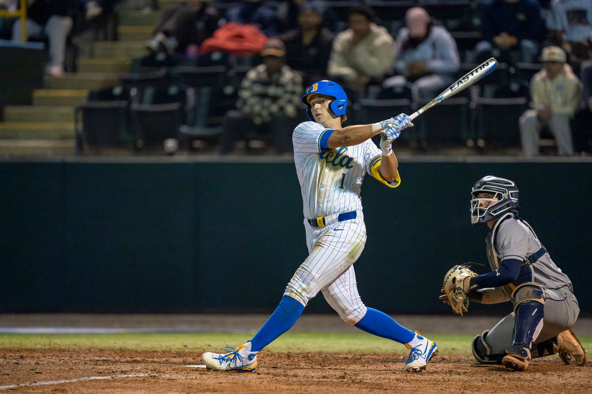 UCLA infielder, Roch Cholowsky (1), at bat, looking at his foul ball during a NCAA baseball game against UC San Diego on February 13, 2026 at Jackie Robinson Stadium in Los Angeles, CA. UCLA infielder, Roch Cholowsky (1), at bat, looking at his foul ball during a NCAA baseball game against UC San Diego on February 13, 2026 at Jackie Robinson Stadium in Los Angeles, CA.