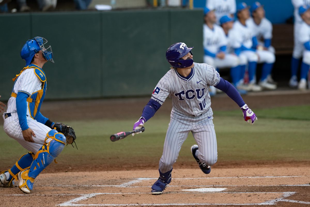 TCU outfielder Sawyer Strosnider heads to first base after putting the ball in play during a game between TCU and UCLA on Friday, February 20,2026 at Jackie Robinson Stadium in Los Angeles Calif TCU outfielder Sawyer Strosnider heads to first base after putting the ball in play during a game between TCU and UCLA on Friday, February 20,2026 at Jackie Robinson Stadium in Los Angeles Calif