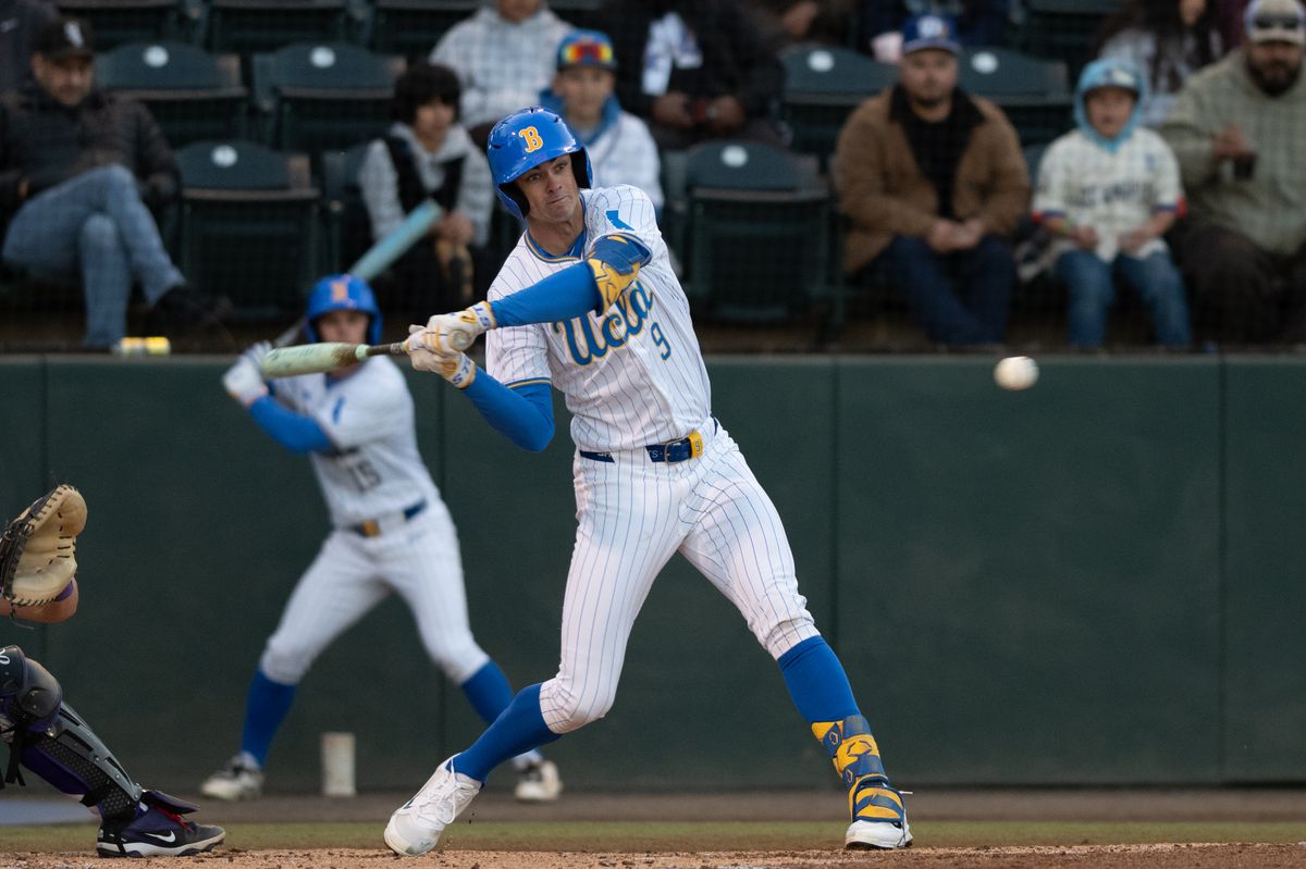 UCLA center fielder Will Gasparino (9) takes a swing at the pitch during a game between TCU and UCLA on Friday, February 20,2026 at Jackie Robinson Stadium in Los Angeles Calif UCLA center fielder Will Gasparino (9) takes a swing at the pitch during a game between TCU and UCLA on Friday, February 20,2026 at Jackie Robinson Stadium in Los Angeles Calif