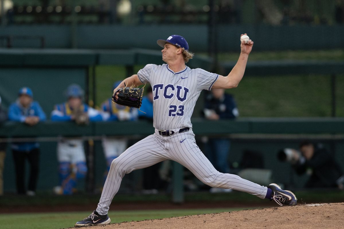 TCU pitcher Mason Brassfield (23) throws a pitch during a game between TCU and UCLA on Friday, February 20,2026 at Jackie Robinson Stadium in Los Angeles Calif TCU pitcher Mason Brassfield (23) throws a pitch during a game between TCU and UCLA on Friday, February 20,2026 at Jackie Robinson Stadium in Los Angeles Calif