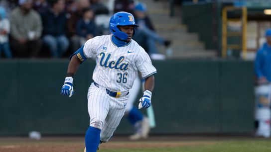 UCLA outfielder Dean West (36) sprints to first base during a game between TCU and UCLA on Friday, February 20,2026 at Jackie Robinson Stadium in Los Angeles Calif UCLA outfielder Dean West (36) sprints to first base during a game between TCU and UCLA on Friday, February 20,2026 at Jackie Robinson Stadium in Los Angeles Calif