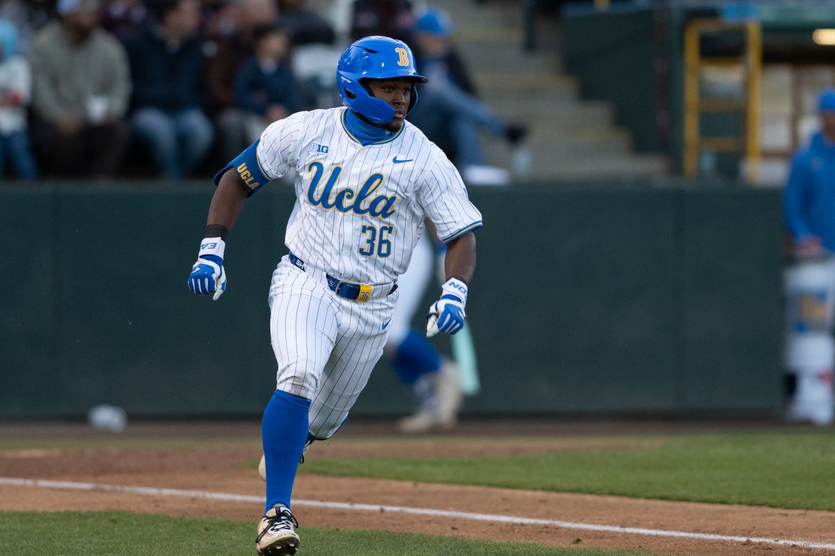 UCLA outfielder Dean West (36) sprints to first base during a game between TCU and UCLA on Friday, February 20,2026 at Jackie Robinson Stadium in Los Angeles Calif UCLA outfielder Dean West (36) sprints to first base during a game between TCU and UCLA on Friday, February 20,2026 at Jackie Robinson Stadium in Los Angeles Calif