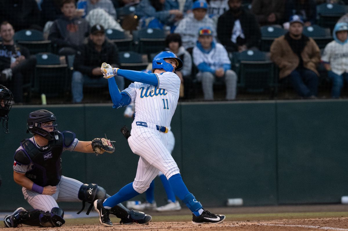 UCLA outfielder Payton Brennan (11) swings and misses during a game between TCU and UCLA on Friday, February 20,2026 at Jackie Robinson Stadium in Los Angeles Calif UCLA outfielder Payton Brennan (11) swings and misses during a game between TCU and UCLA on Friday, February 20,2026 at Jackie Robinson Stadium in Los Angeles Calif