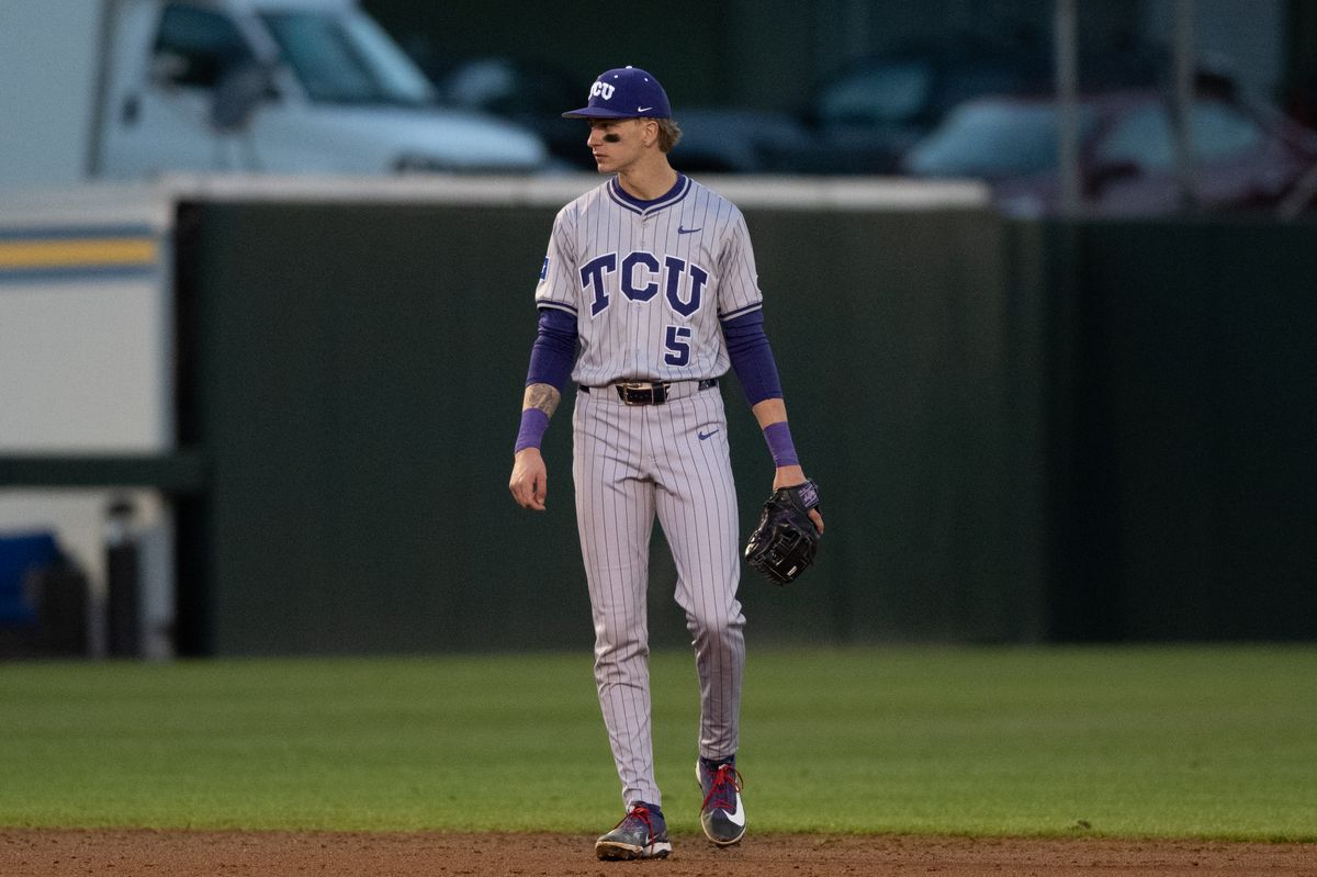 TCU shortstop Lucas Franco (5) gets into position during a game between TCU and UCLA on Friday, February 20,2026 at Jackie Robinson Stadium in Los Angeles Calif TCU shortstop Lucas Franco (5) gets into position during a game between TCU and UCLA on Friday, February 20,2026 at Jackie Robinson Stadium in Los Angeles Calif